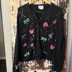 Vintage Just B Beaded sequined Dragonfly cardigan sweater. Women’s size XL